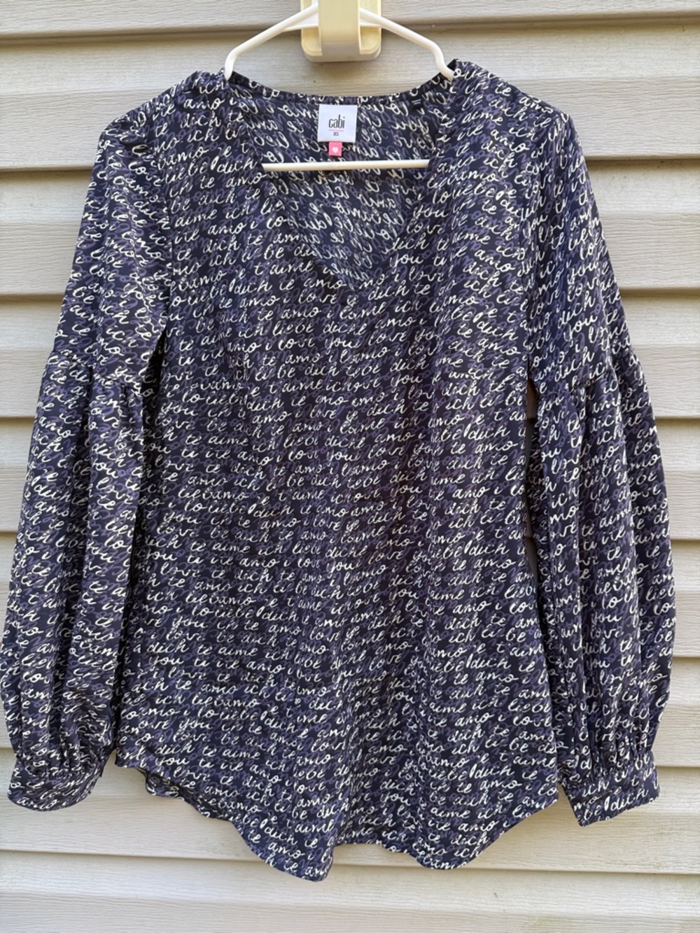 CAbi Navy Script-Print Long-Sleeve Blouse - Navy & White size XS